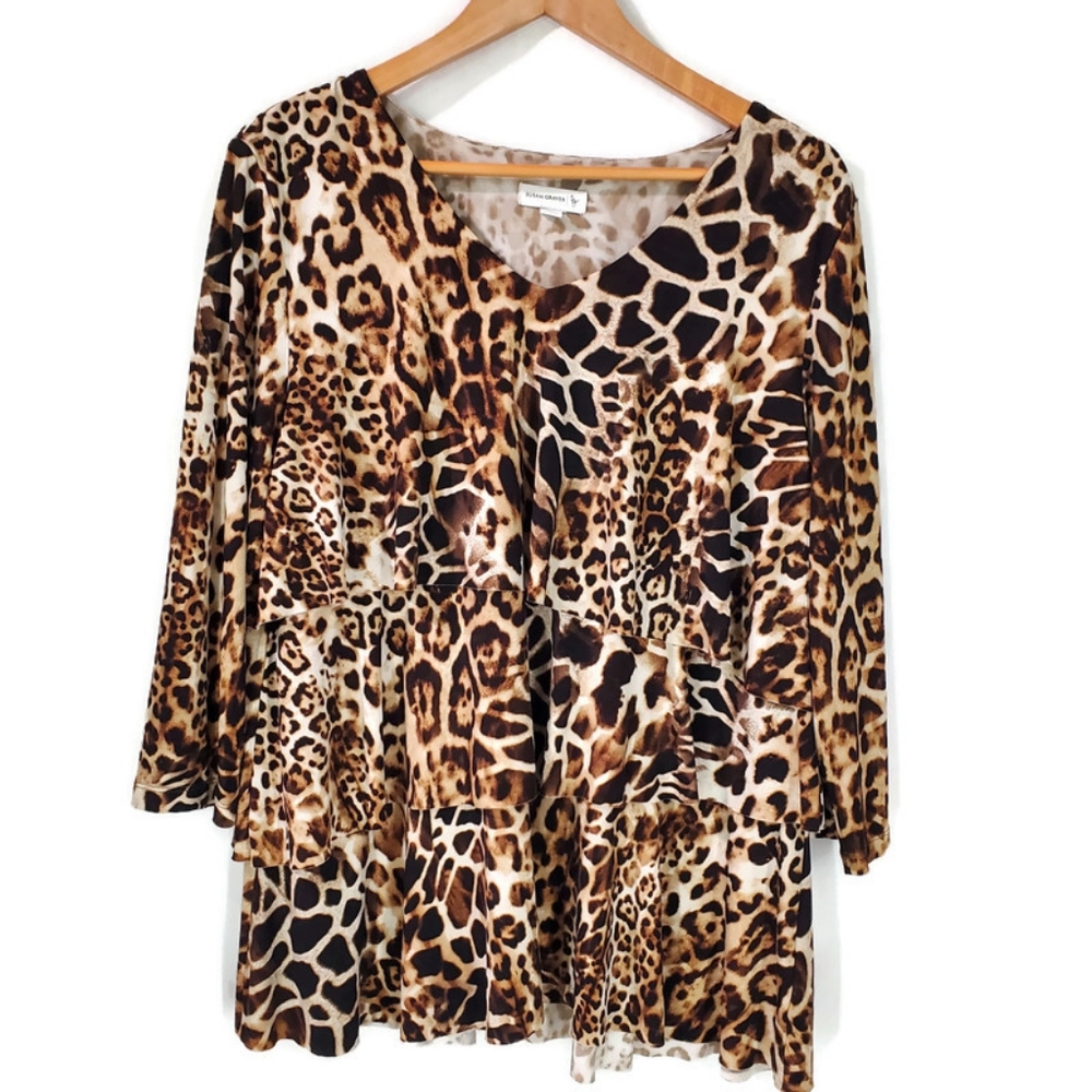 Susan Graver Liquid Knit Tunic Top Size L Tier Leopard Animal Print Party Event